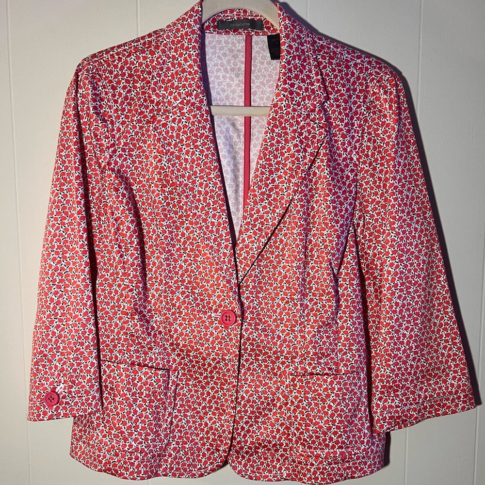 Liz Claiborne Size 12 One Button Poppy Floral  Red Women's Blazer